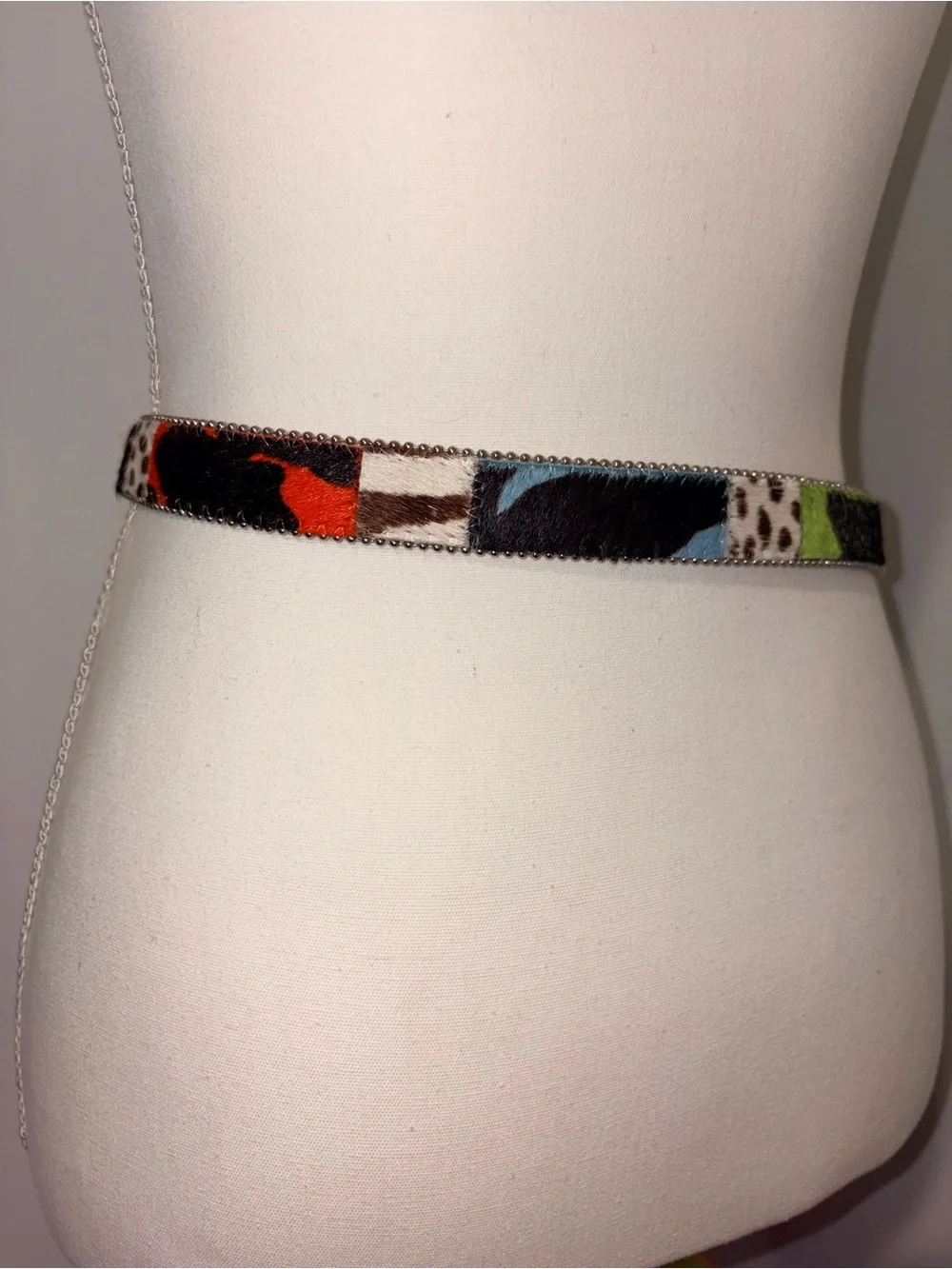 Cache 90s Y2K Rainbow Calf Hair Belt Mix Animal Print Beaded Edge Silver Buckle